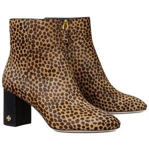 NEW Tory Burch Womens Brooke Ankle Heel  Boots  Cow hair Leopard Pattern Sz 5
